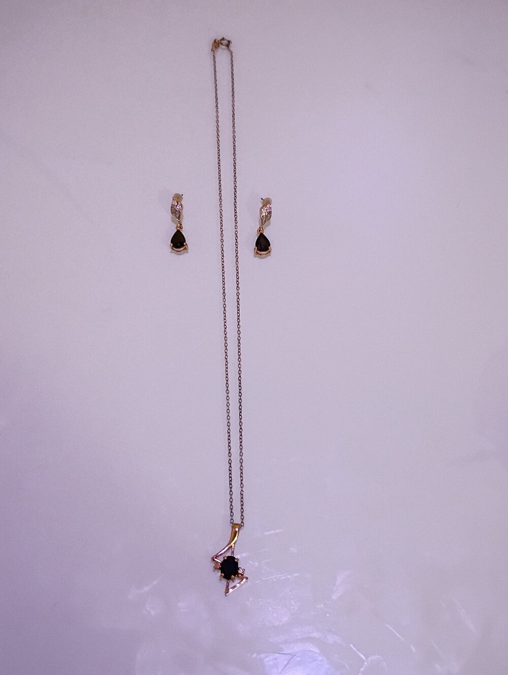 925 Gold-Tone Black Stone Pendant Necklace and Earrings Set